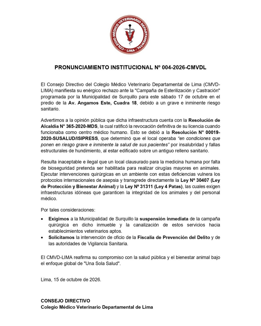 Pronunciamiento Institucional N.º 004-2026-CMVDL: rechazo a campaña de esterilización y castración en inmueble clausurado de Surquillo
